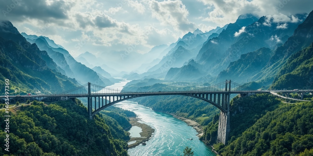 Obraz premium Mountain Valley Bridge Over River Landscape