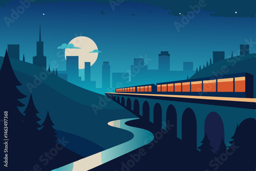 night train crossing a river with the lit up 