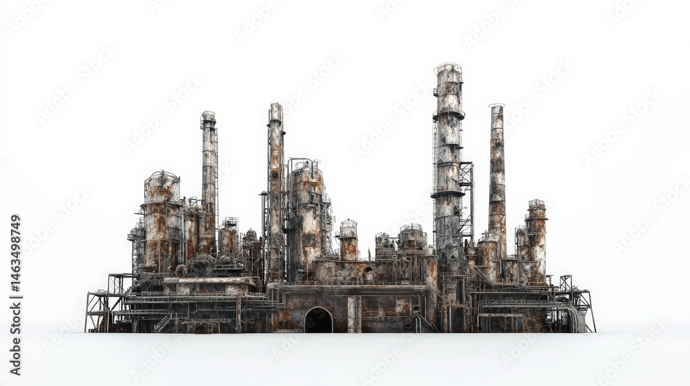 Obraz premium Aging Industrial Refinery Complex Featuring Rusting Metallic Structures