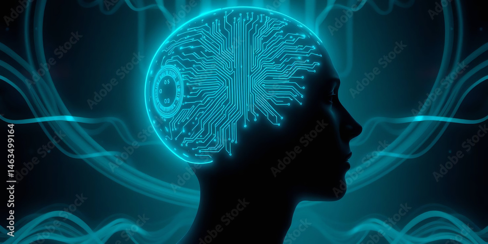 Obraz premium a futuristic and surreal style. It depicts a large, glowing, blue-tinted digital head with intricate circuit-like patterns, symbolizing artificial intelligence or a digital entity 