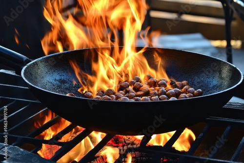 Roasting Hazelnuts in a Wok Over Open Fire Close Up Shot on Grill for Delicious Snack Preparation Outdoors