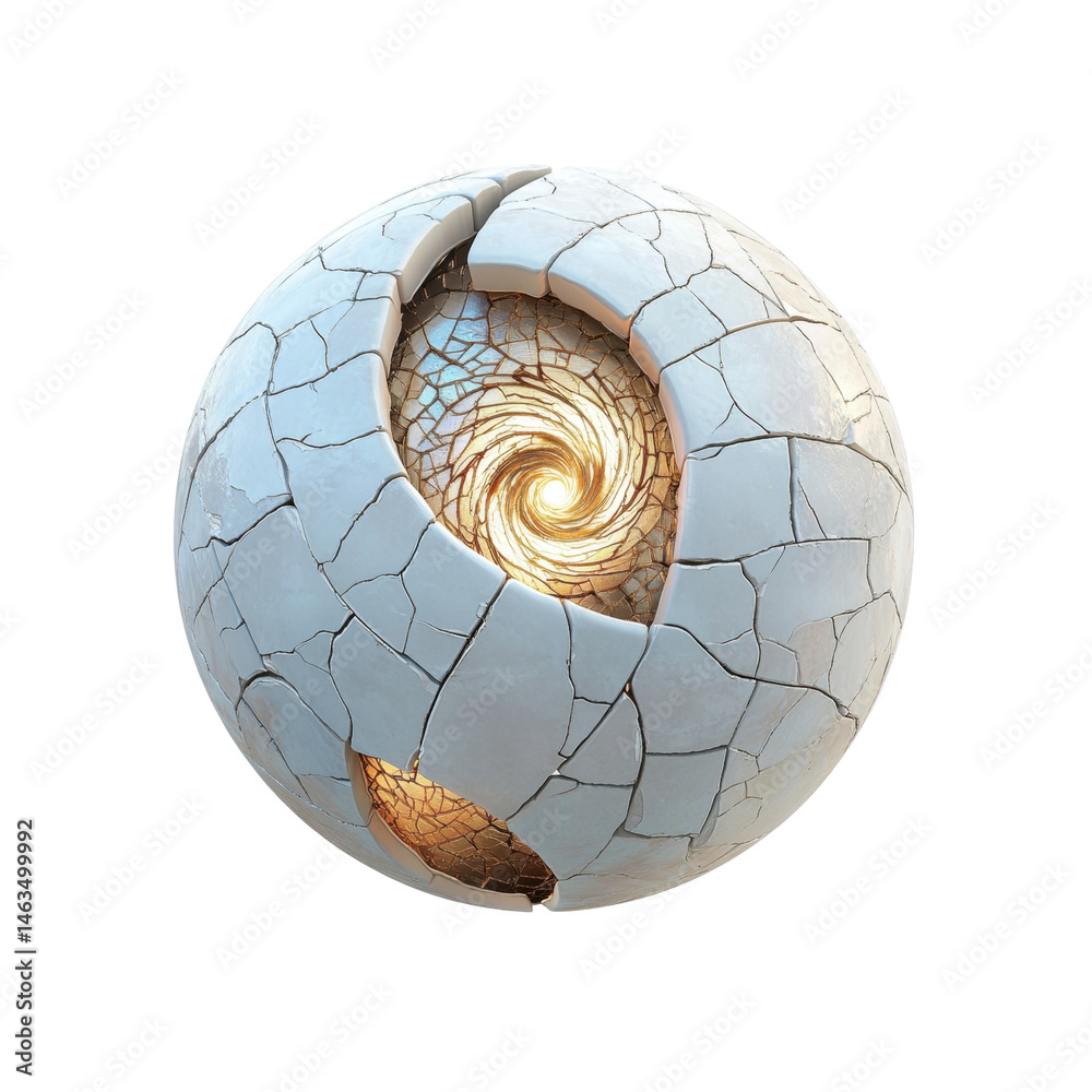 Obraz premium Abstract Cracked Sphere with Glowing Inner Spiral - 3D Render