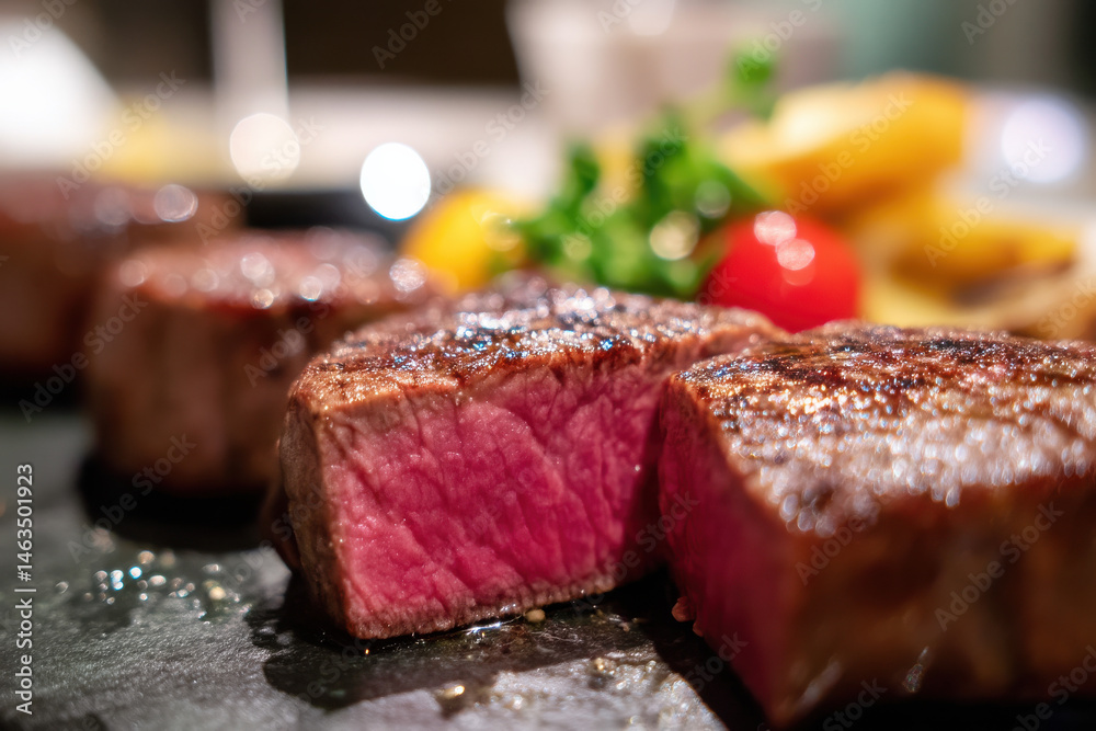 Dinner with Kobe beef with bite taken out showing medium rare inside