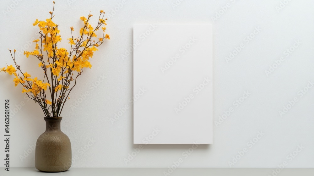 Yellow flowers in vase with blank white canvas on white wall minimalist home decor Yellow flowers in vase with blank white canvas on white wall minimalist home decor