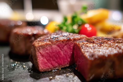 Obraz na płótnie Dinner with Kobe beef with bite taken out showing medium rare inside w salonie