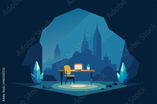 office built in a cave with glowing minerals 