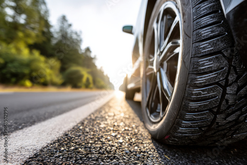 Summer tires on sunlit asphalt road representing seasonal auto maintenance and road safety
