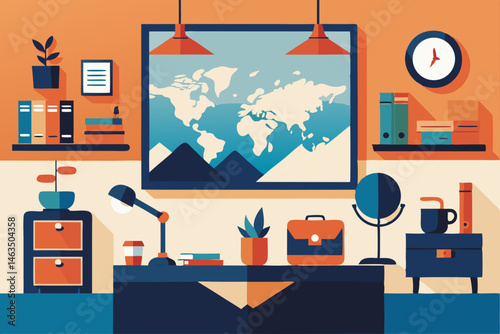 office filled with travel memorabilia and world 
