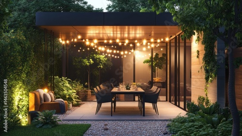 Wallpaper Mural Modern outdoor dining area with string lights and greenery Torontodigital.ca