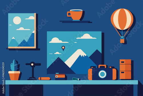 office filled with travel memorabilia and world 