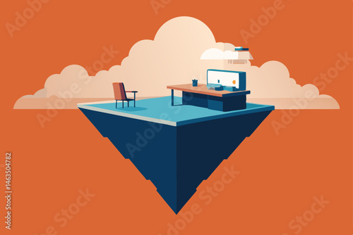 office floating among clouds with desk suspended 