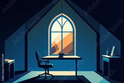 office in a cathedral attic with stained glass
