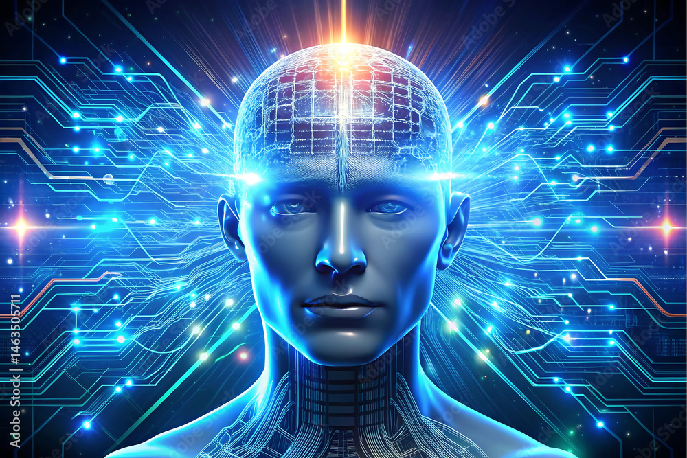 Digital Mind: A futuristic portrayal of a human mind, enhanced by intricate digital networks, illuminated with vibrant energy to signify innovation and technological advancement. Digital Mind: A futuristic portrayal of a human mind, enhanced by intricate digital networks, illuminated with vibrant energy to signify innovation and technological advancement.