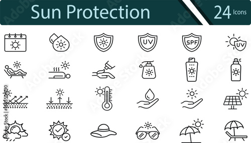 UV Protection and Sun Safety Icon Set for Summer, Skincare, and Solar Awareness.