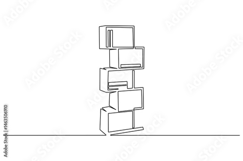 Continuous one line drawing of Shelving unit with books. Single line drawing illustration of Bookshelf. Interior decoration concept vector art. Doodle line illustration.