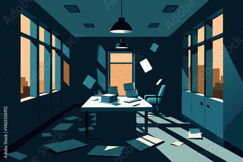 office in an abandoned asylum with scattered files 