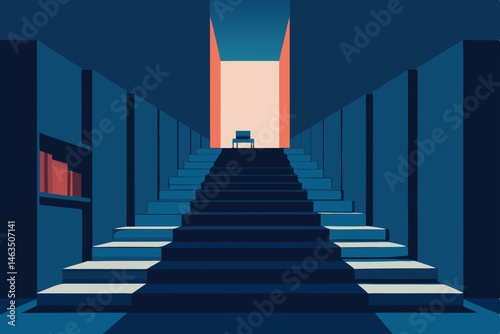 office in an endless library with glowing steps 