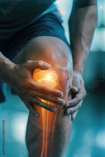 Man holding his knee in pain, with a glowing highlight depicting joint discomfort or injury.