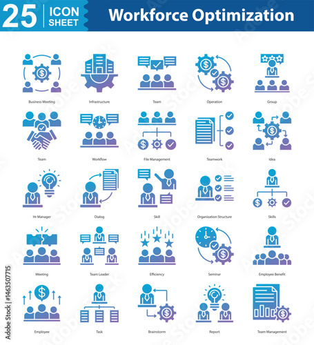 Workforce Optimization Icon Sheet business meeting, infrastructure, team, operation, group, team, workflow, file management, teamwork, idea, hr manager, dialog, skill, organization structure, skills