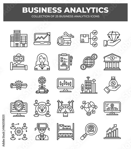 Collection of Business Analytics Icons: Data Analysis. Financial Reports. and Market Research