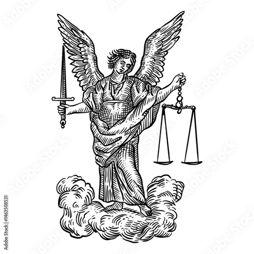 Black line art in woodcut style of the Angel of Justice on clouds, holding a sword and balanced scales, symbolizing law and judgment.
