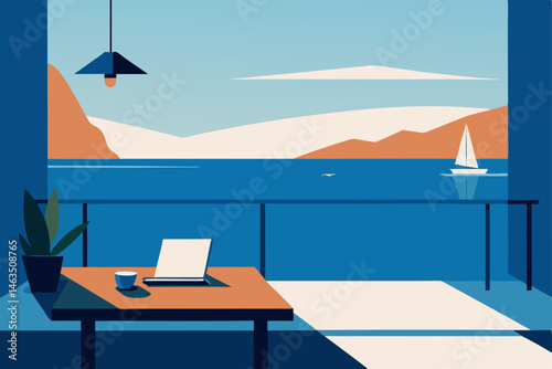 office on a balcony with breezy linens and view 