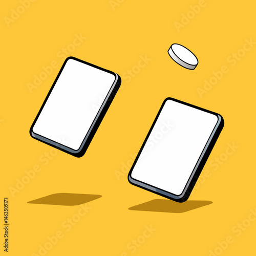 A digital illustration shows a set of smart mobile phones with touch screens, representing modern communication technology and business icons on a black device