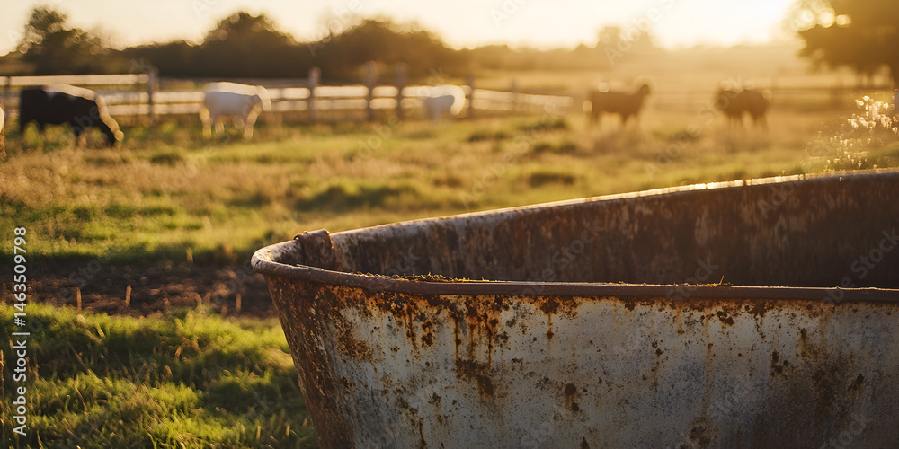 Rusty Water Trough in Rural Pasture at Sunset with Cattle in Background