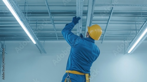 Worker installing or repairing ceiling infrastructure in a commercial setting