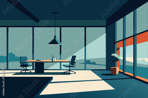 office with large frosted windows  concrete floors