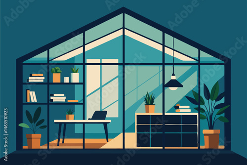 office with large greenhouse window and plant cove 