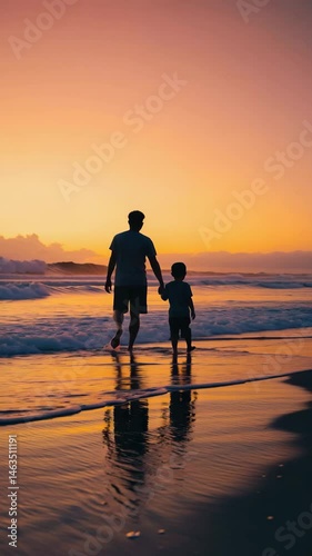 father son together sea beach walk father's day holiday peaceful sunset life vertical video slow motion
