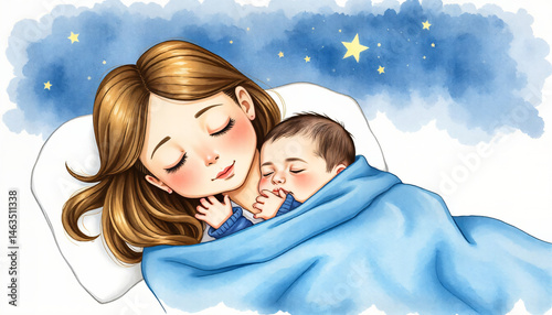 Mother and Baby Sleeping: Tender illustration of a mother and her baby peacefully sleeping together under a starry night sky.