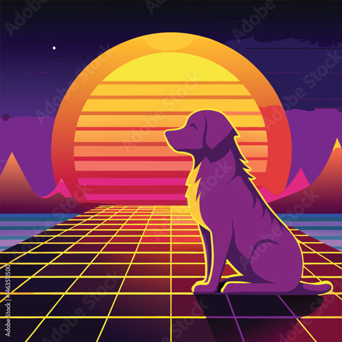Cute happy puppy illustration on the moon, at night, and on the beach