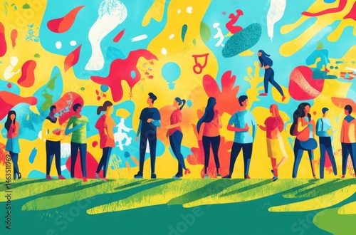 Flat design illustration of a vibrant community mural on a bright green background
