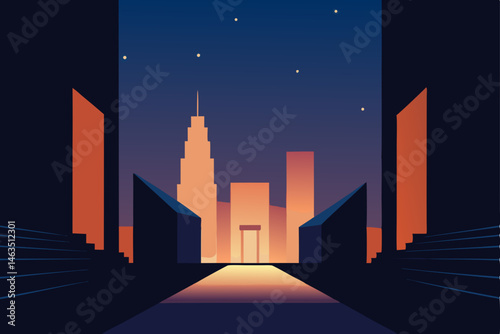 open air cinema between two tall buildings at night