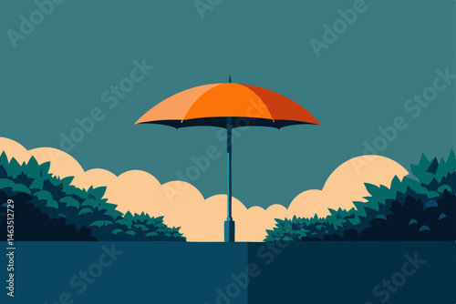 open umbrella stuck in garden hedge