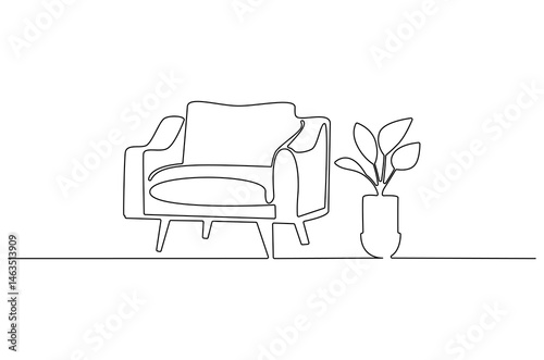 Continuous one line drawing of Armchair and potted plant. Single line drawing illustration of Sofa and Vase with plant. Stylish furniture concept vector art. Doodle line illustration.