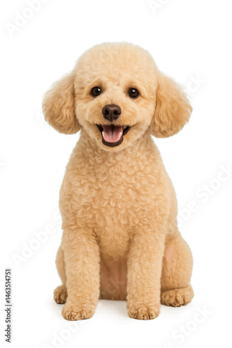Golden Poodle's Playful Pose: a charming golden poodle with a bright, cheerful expression, captured in a studio shot, showcasing its endearing features and playful disposition.