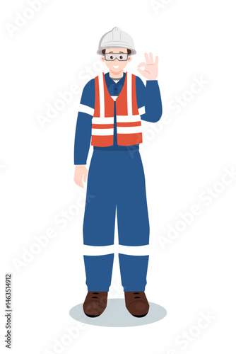 Industrial worker or engineer in safety vest and hard hat making okay gesture. Safety and approval concept. Vector illustration isolated on white background.