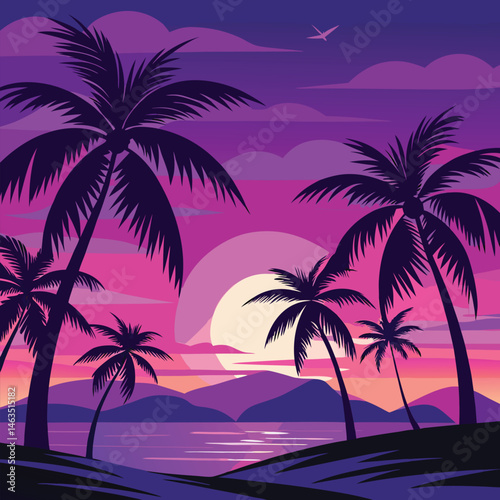 Tropical palm trees silhouette against a vibrant sunset over the ocean beach