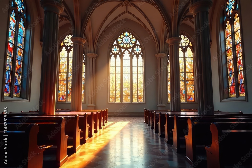 Fototapeta premium A serene church interior, sunlight streaming through stained-glass windows , hope, symbol, god