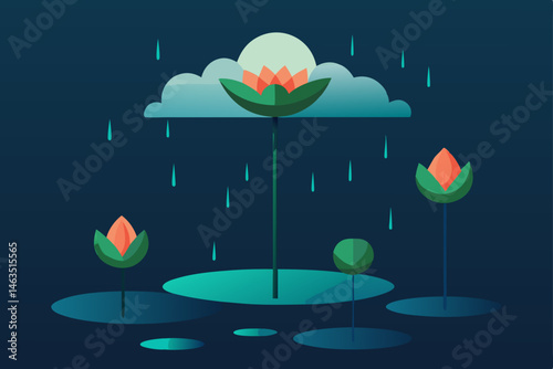 pond lilies bowing under rainfall 