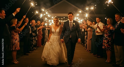 Newlyweds walking hand-in-hand through a sparkler exit