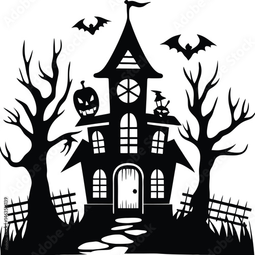 Spooky haunted Halloween house with bats and a tree silhouette against a dark, autumn night and moon