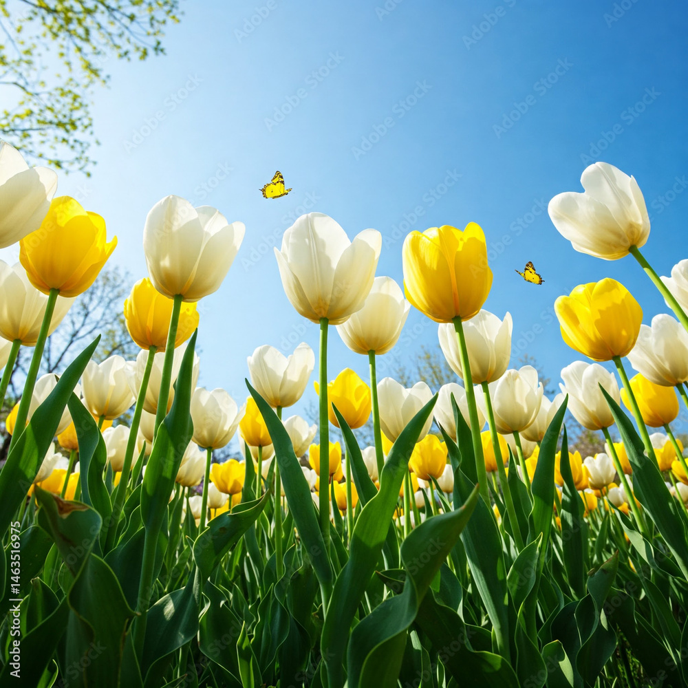 Obraz premium field of yellow tulips against blue sky