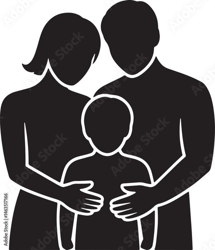 Family Togetherness In Silhouette Illustration Parents Embracing Child Affectionately Graphic