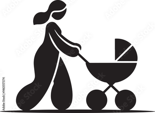 Woman With Stroller Silhouette Art Maternal Motherhood Parenting Childcare Illustration