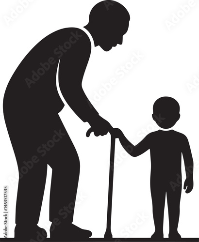 Silhouette Illustration Of Grandfather And Grandson Sharing A Cane Supporting Each Other
