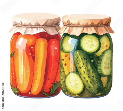 瓶詰めされた野菜の漬物の水彩風イラスト　生成AI